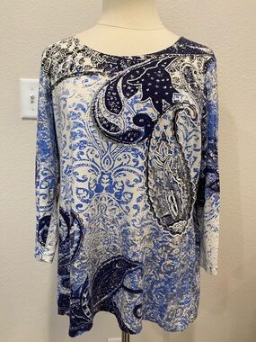 Chico's Navy and White Paisley Beaded Blouse Large